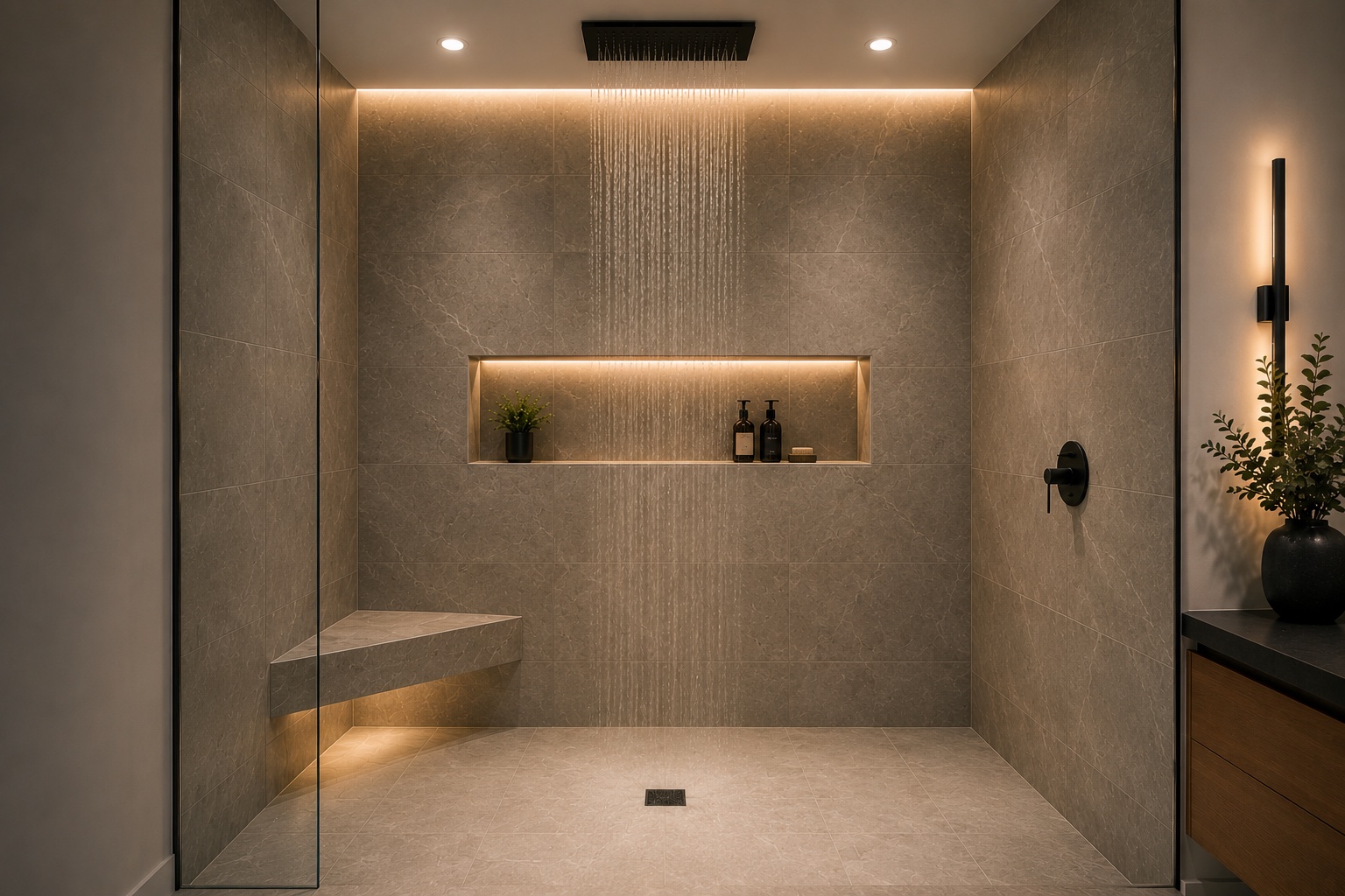 Luxury walk-in shower system in an Orlando primary bath