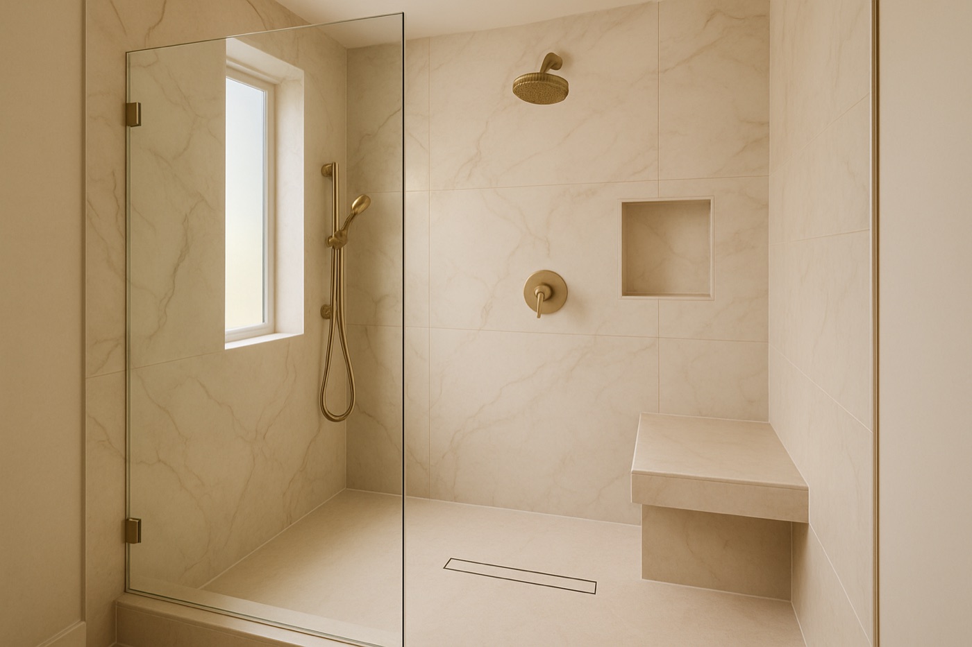A completed Luxive walk-in shower with a lit recessed niche